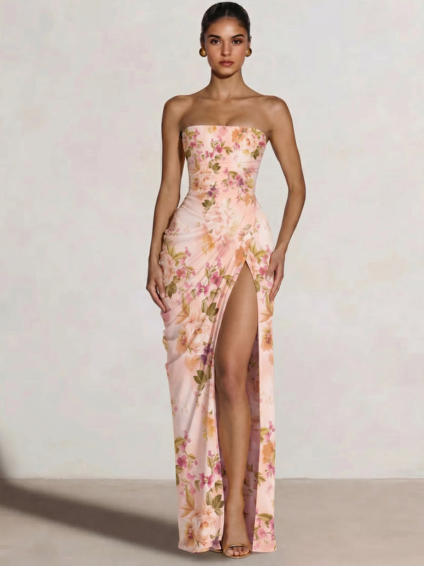 Mearmaid Prom Dresses Strapless Long Floral Dresses Floor-Length Side Split With Pleats&Back Lace-Up