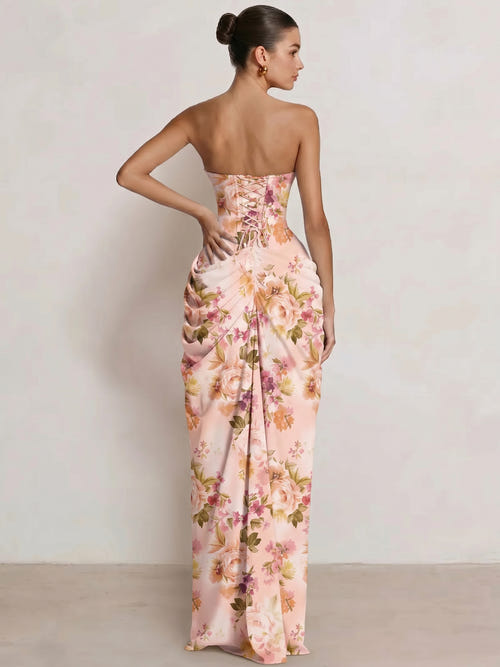Mearmaid Prom Dresses Strapless Long Floral Dresses Floor-Length Side Split With Pleats&Back Lace-Up
