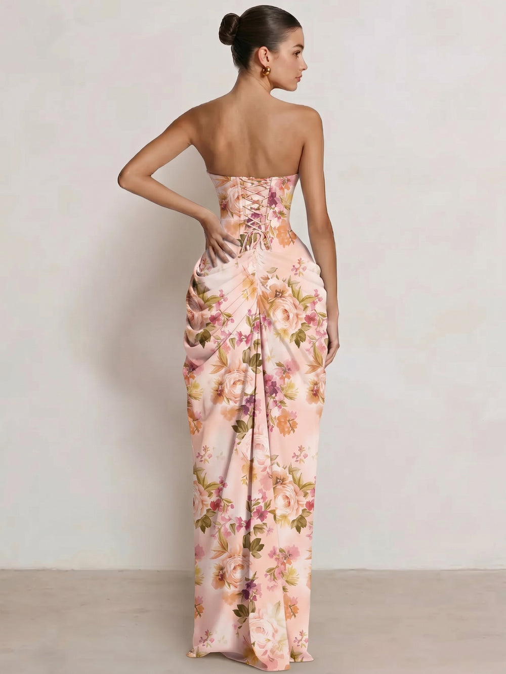 Mearmaid Prom Dresses Strapless Long Floral Dresses Floor-Length Side Split With Pleats&Back Lace-Up