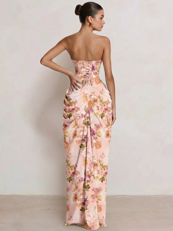 Mearmaid Prom Dresses Strapless Long Floral Dresses Floor-Length Side Split With Pleats&Back Lace-Up