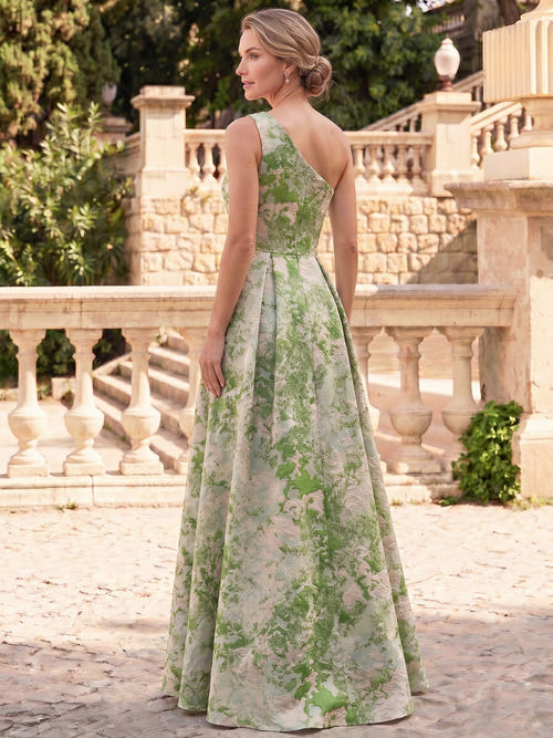 A Line Mother Of The Bride Dresses Elegant Jacquard Floral Dress Evening Floor Length Sleeveless One Shoulder Ruffle