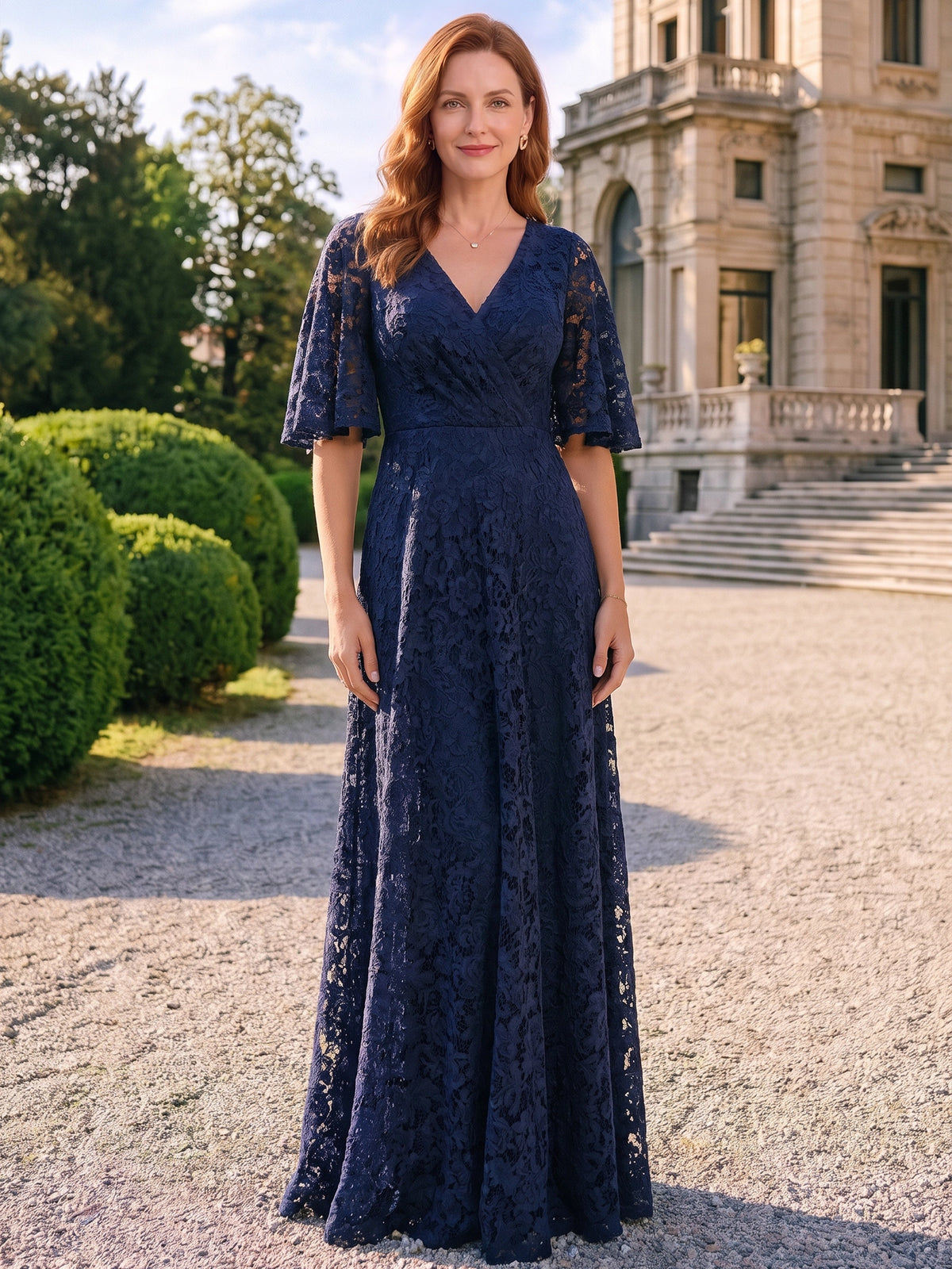 Nafori Dark Navy A-Line Mother Of The Bride Dresses Elegant Lace Floor-Length 1/2 Sleeves V-Neck Pleated Zipper 2026