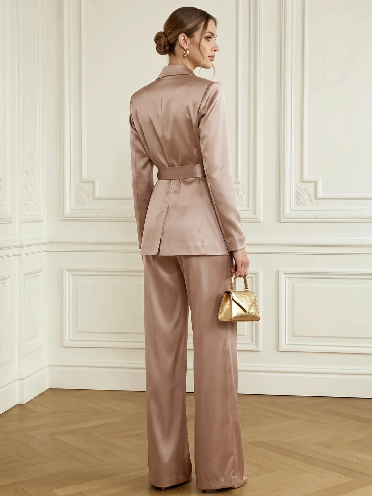 Evening Champagne Satin Lapel Tailored Woman Suits 2 Pieces Blazer+Pants Set Formal Party Sets Office Lady Daily Sets