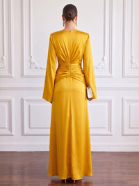 A-Line Formal Dresses Elegant Formal Dress Satin V Neck Long Sleeves Floor Length Ruched With Bowknot Zipper Evening Dress Wedding Guest