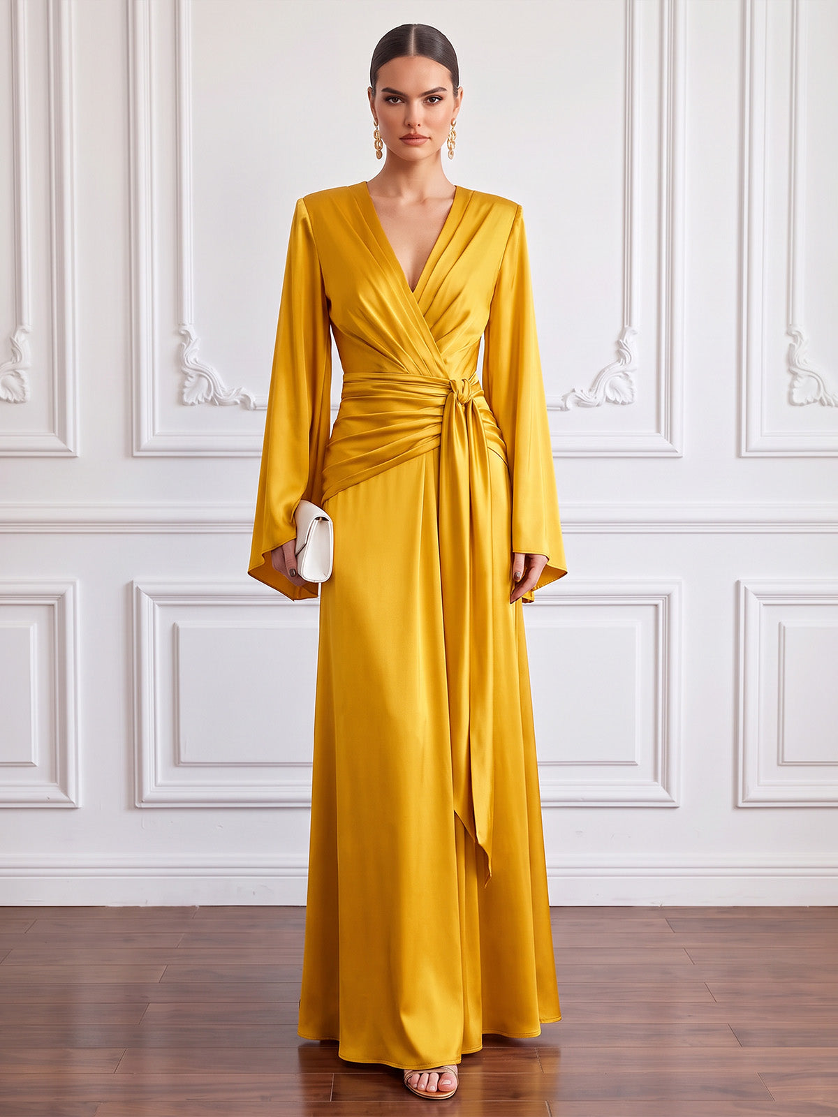 A-Line Formal Dresses Elegant Formal Dress Satin V Neck Long Sleeves Floor Length Ruched With Bowknot Zipper Evening Dress Wedding Guest