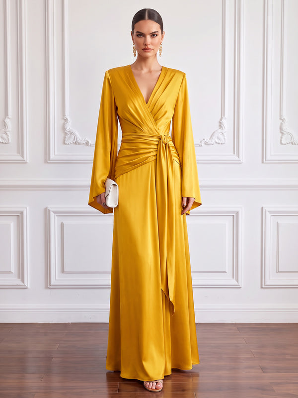 A-Line Formal Dresses Elegant Formal Dress Satin V Neck Long Sleeves Floor Length Ruched With Bowknot Zipper Evening Dress Wedding Guest