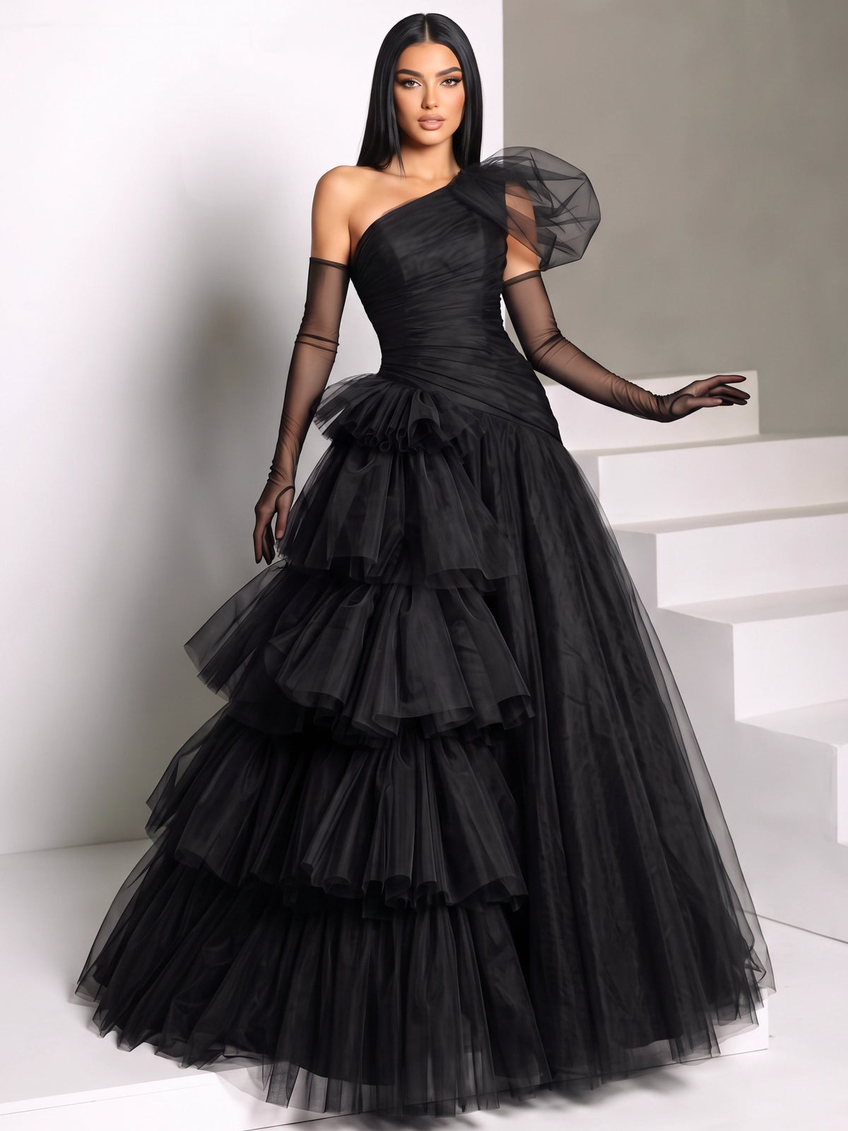 A-Line/Princess Evening Dresses Black One Shoulder Tulle Floor-Length Sleeveless Tiered Ruffles Dress