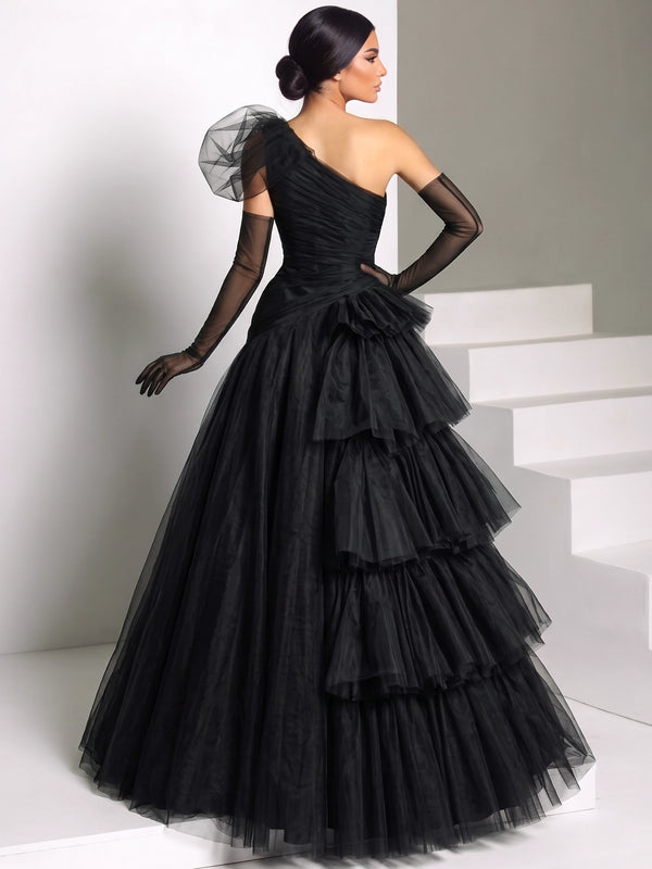 A-Line/Princess Evening Dresses Black One Shoulder Tulle Floor-Length Sleeveless Tiered Ruffles Dress