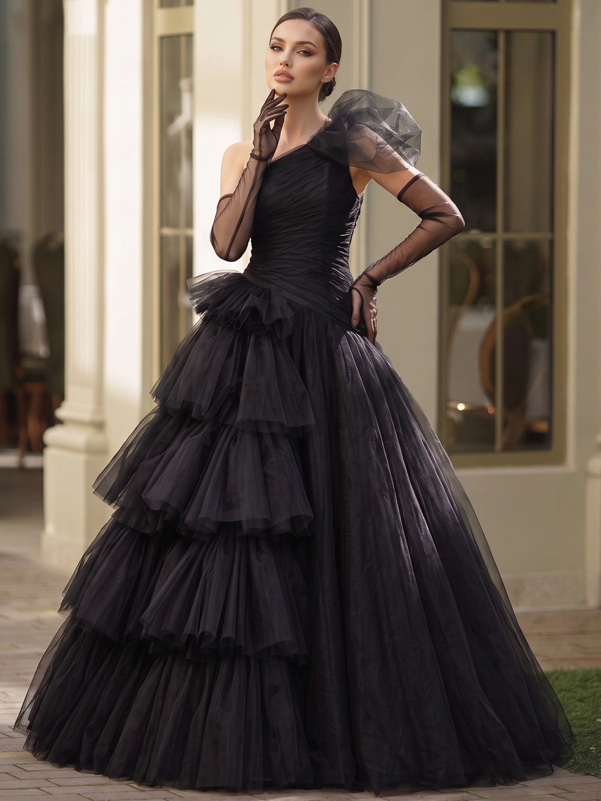 A-Line/Princess Evening Dresses Black One Shoulder Tulle Floor-Length Sleeveless Tiered Ruffles Dress
