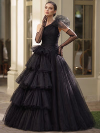 A-Line/Princess Evening Dresses Black One Shoulder Tulle Floor-Length Sleeveless Tiered Ruffles Dress