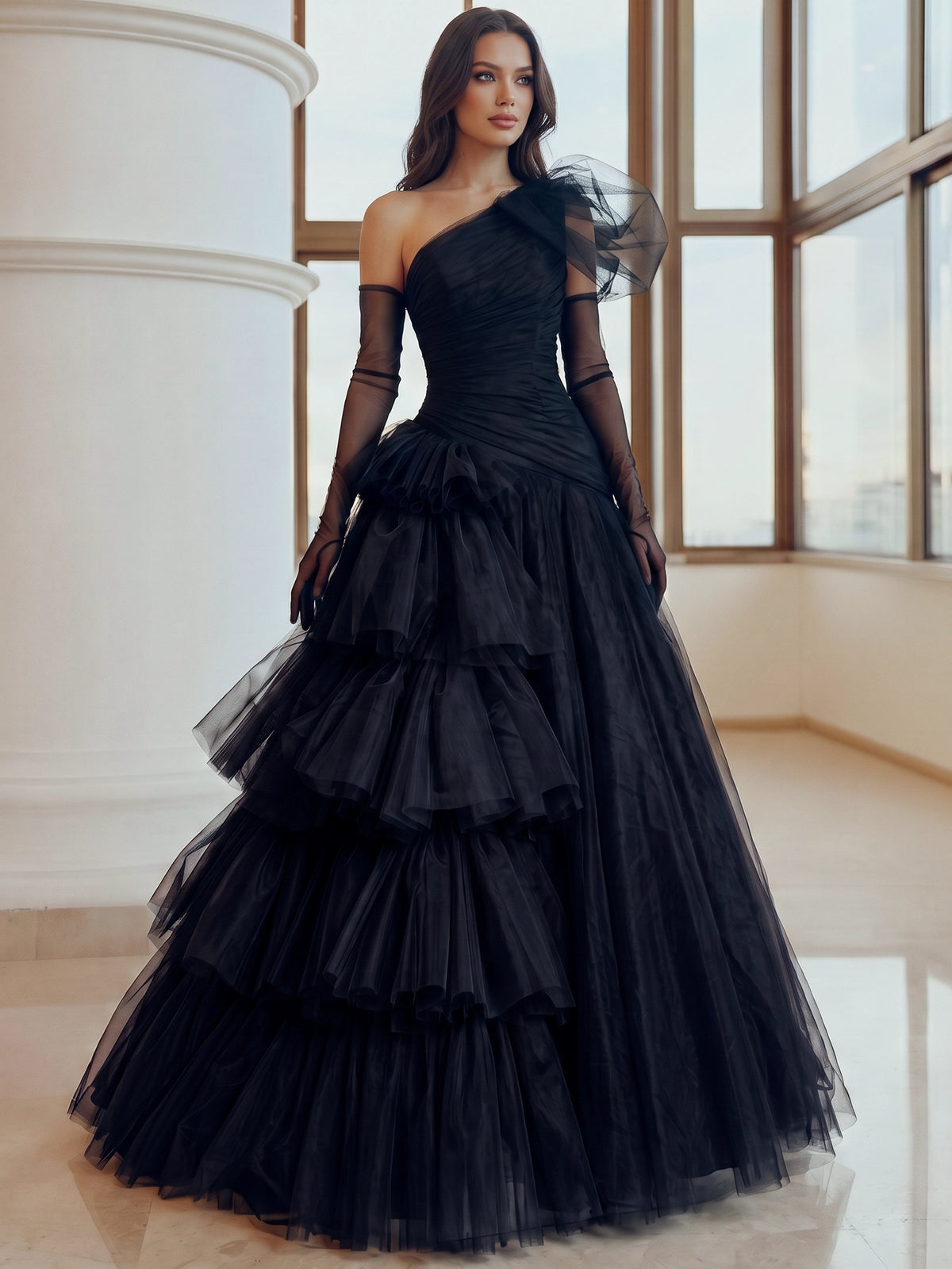 A-Line/Princess Evening Dresses Black One Shoulder Tulle Floor-Length Sleeveless Tiered Ruffles Dress