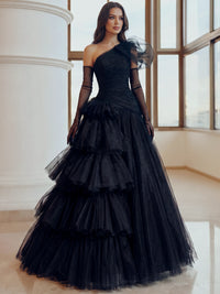 A-Line/Princess Evening Dresses Black One Shoulder Tulle Floor-Length Sleeveless Tiered Ruffles Dress