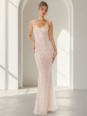 Mermaid Sequins Evening Dress Formal Spaghetti Straps Sleeveless Floor Length with Open Back&Split