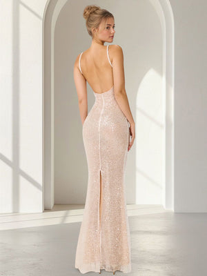 Mermaid Sequins Evening Dress Formal Spaghetti Straps Sleeveless Floor Length with Open Back&Split