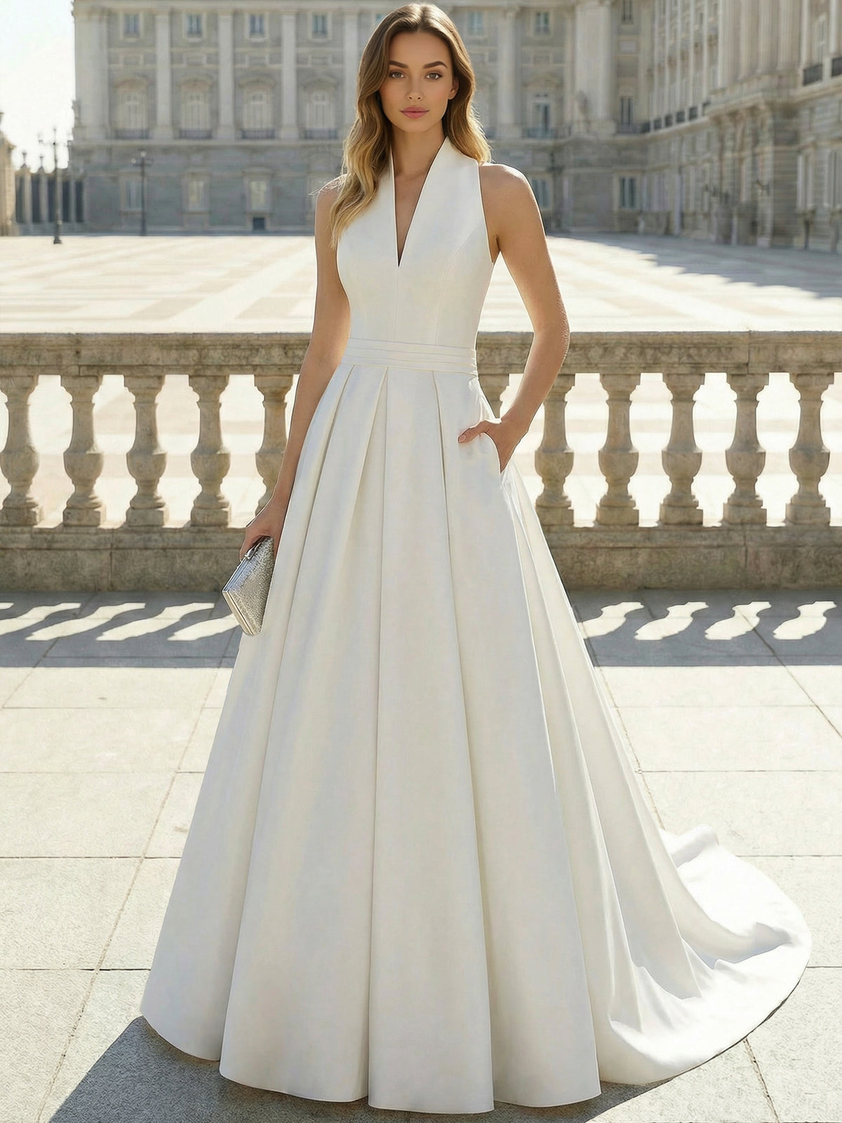 Nafori Ivory A-Line/Princess Wedding Dress Halter Neckline Straps Sleeveless Floor-length Elegant Wedding Ballgown With Pockets 2026