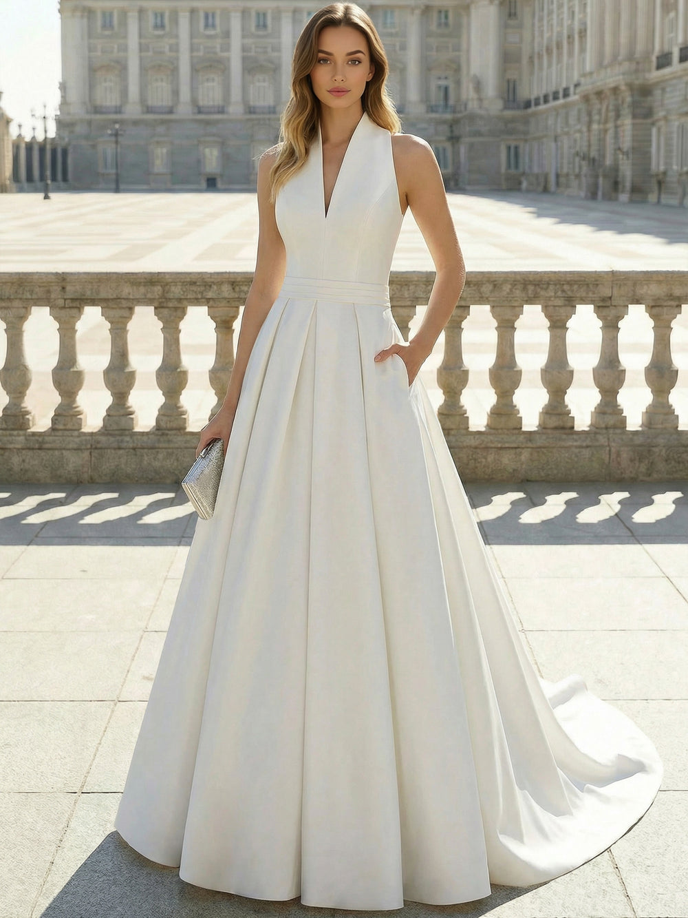 A-Line/Princess Wedding Dress Halter Neckline Straps Sleeveless Floor-length Elegant Wedding Ballgown With Pockets
