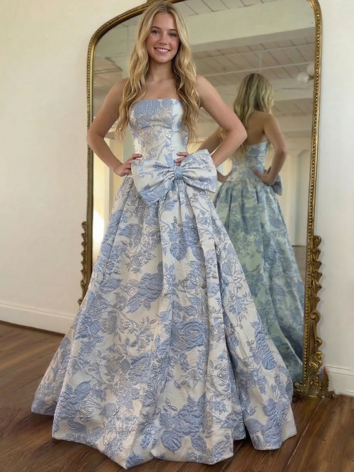 Nafori Blue A-Line/Princess Floral Prom Dresses Sweetheart Corset Strapless Floor-Length Jacquard Elegant Dresses With Corset 2026