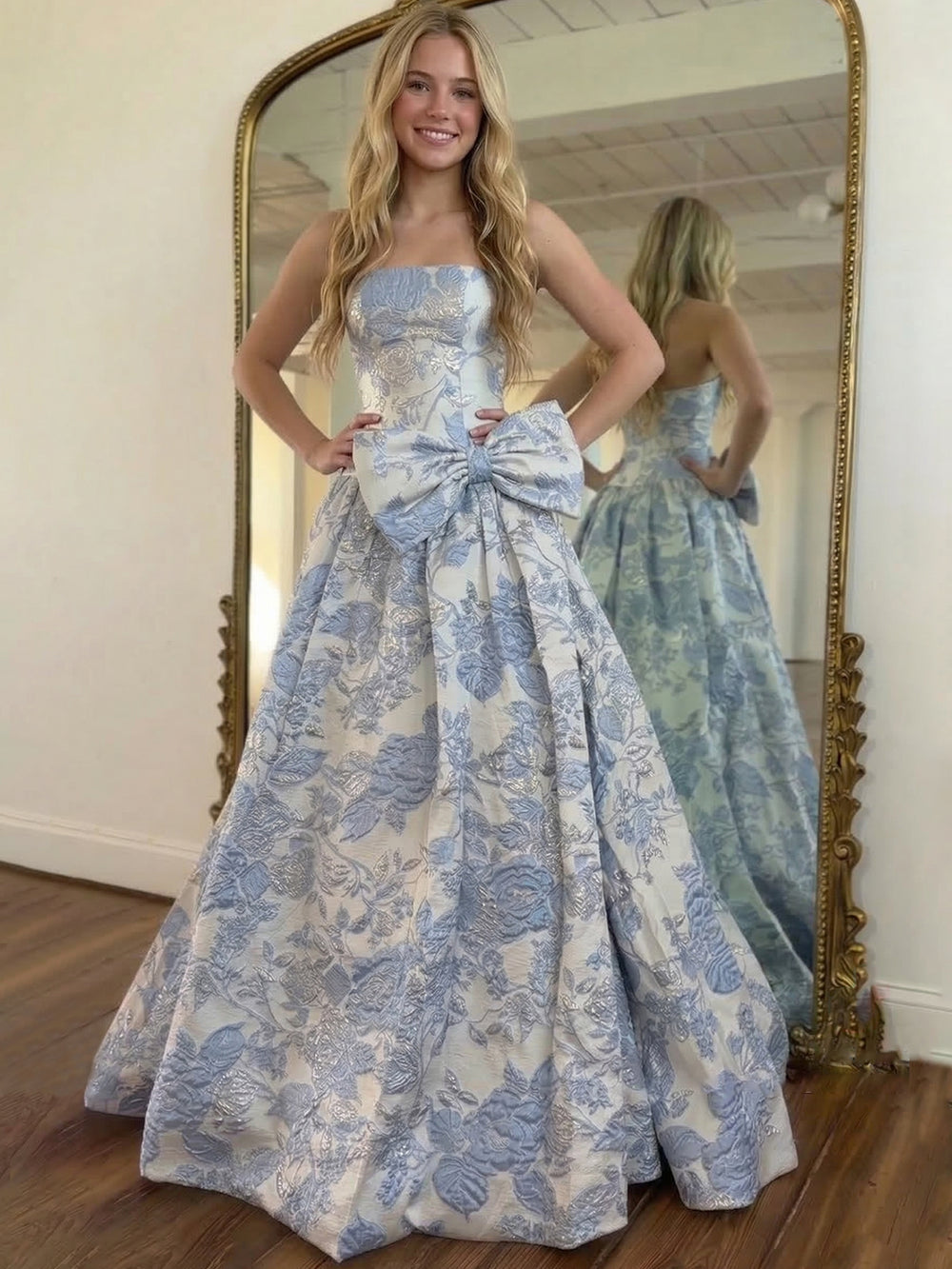 A-Line/Princess Floral Prom Dresses Sweetheart Corset Strapless Floor-Length Jacquard Elegant Dresses With Corset