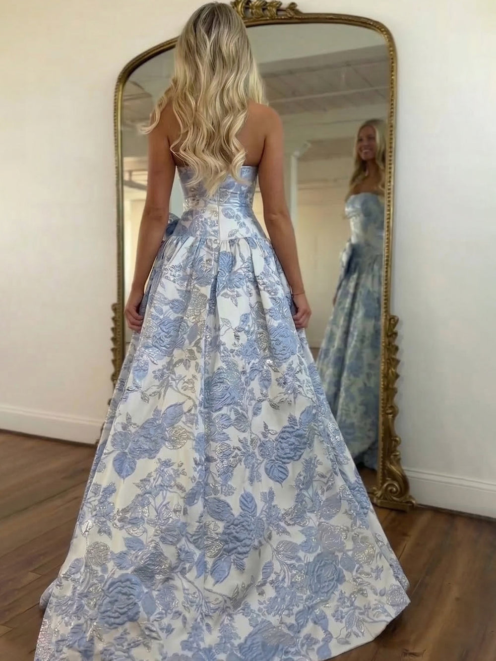 A-Line/Princess Floral Prom Dresses Sweetheart Corset Strapless Floor-Length Jacquard Elegant Dresses With Corset