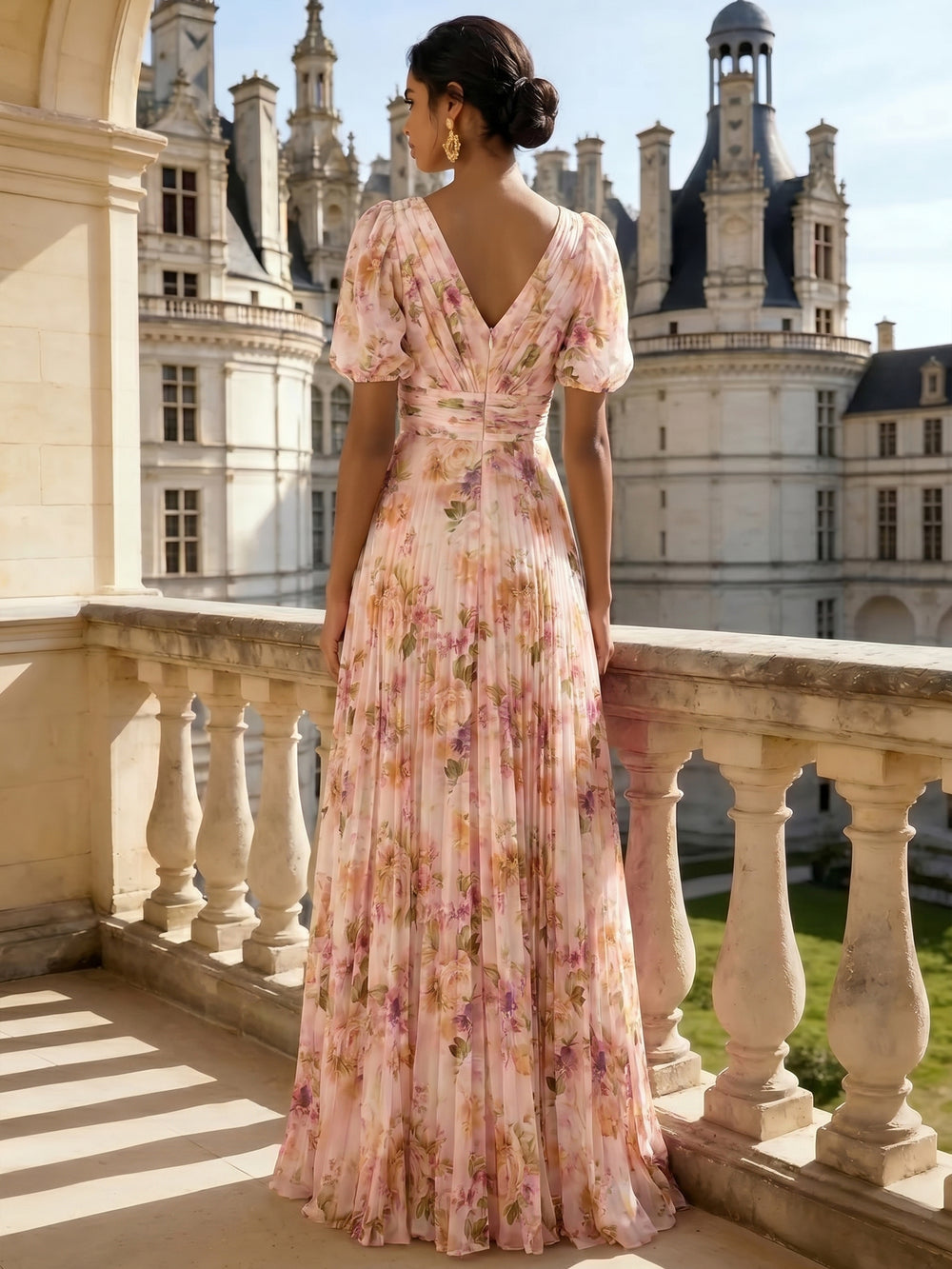 A Line/Princesses Evening Dresses Ruched Floral Chiffon Lantern Sleeves Floor-Length Pleated Formal Dress Wedding Guest Dresses