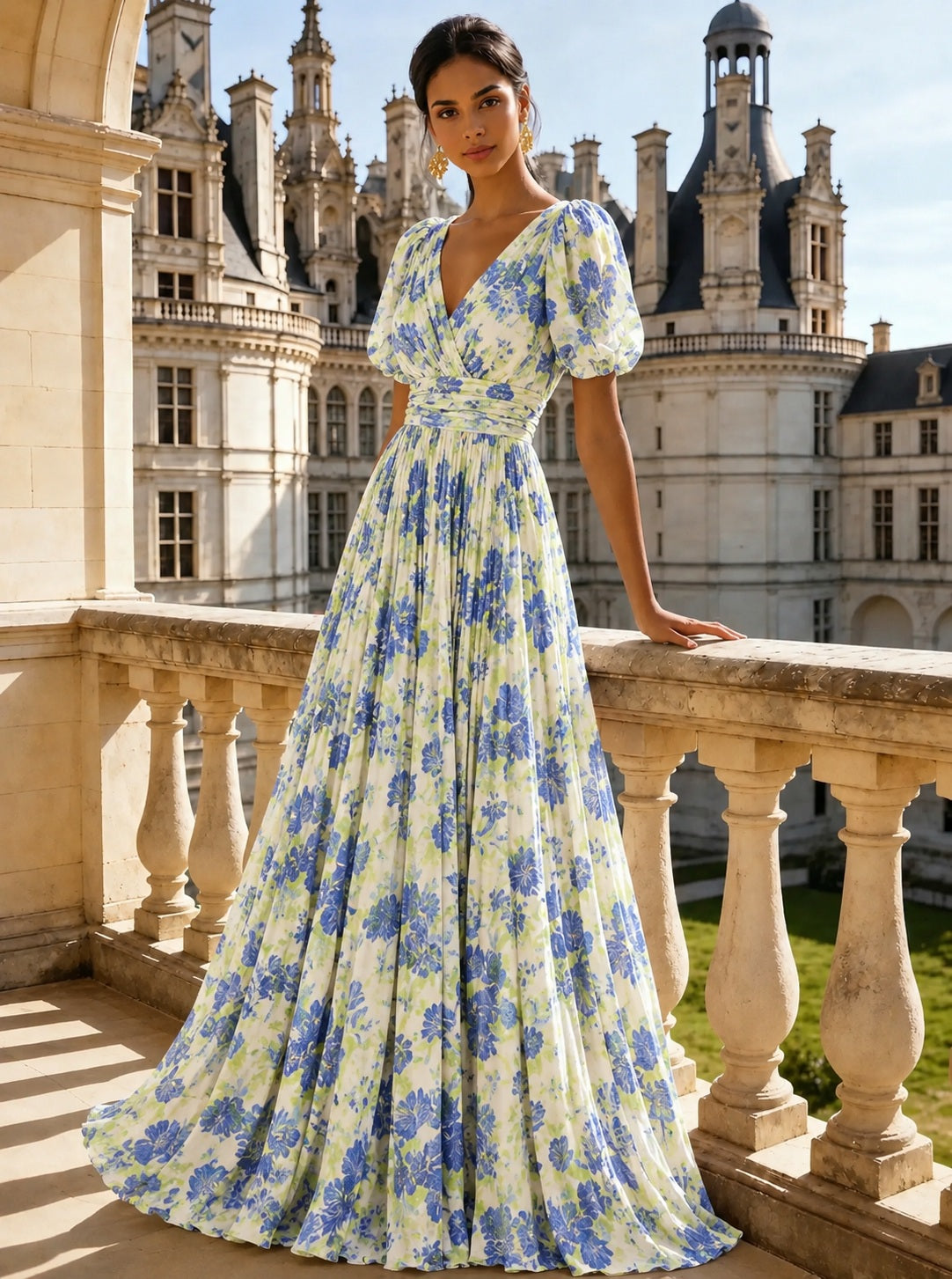 Nafori Blue A Line/Princesses Evening Dresses Ruched Floral Chiffon Lantern Sleeves Floor-Length Pleated Formal Dress Wedding Guest Dresses 2026