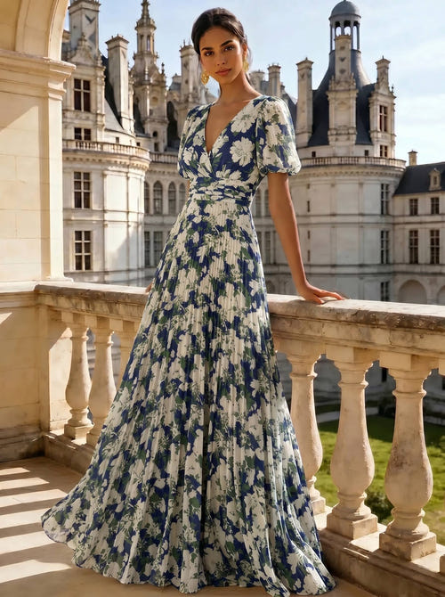 A Line/Princesses Evening Dresses Ruched Floral Chiffon Lantern Sleeves Floor-Length Pleated Formal Dress Wedding Guest Dresses
