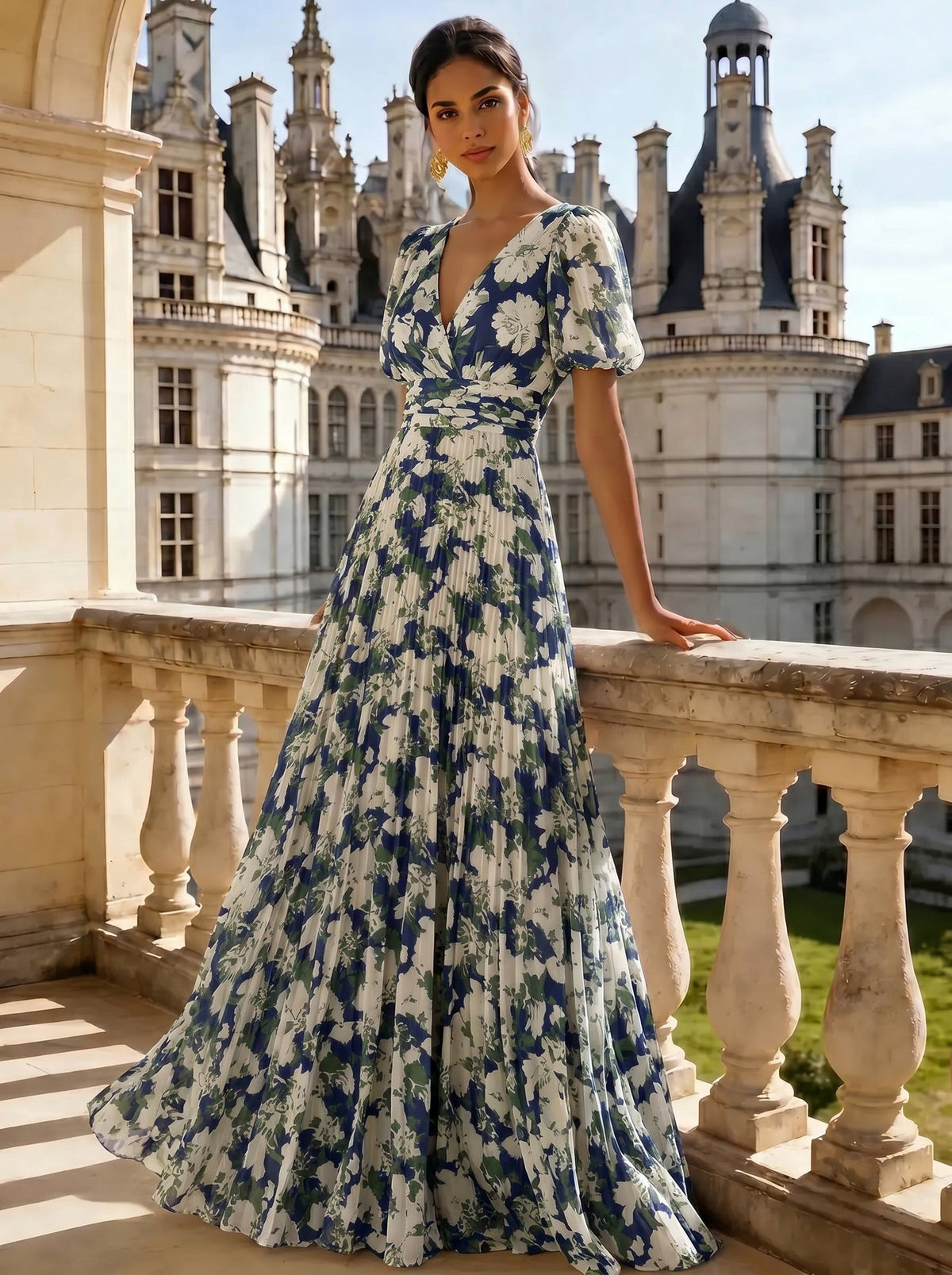Nafori Navy A Line/Princesses Evening Dresses Ruched Floral Chiffon Lantern Sleeves Floor-Length Pleated Formal Dress Wedding Guest Dresses 2026