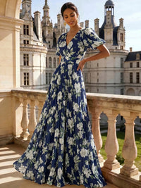 A Line/Princesses Evening Dresses Ruched Floral Chiffon Lantern Sleeves Floor-Length Pleated Formal Dress Wedding Guest Dresses