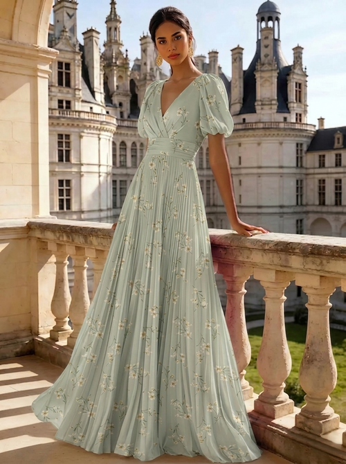 A Line/Princesses Evening Dresses Ruched Floral Chiffon Lantern Sleeves Floor-Length Pleated Formal Dress Wedding Guest Dresses