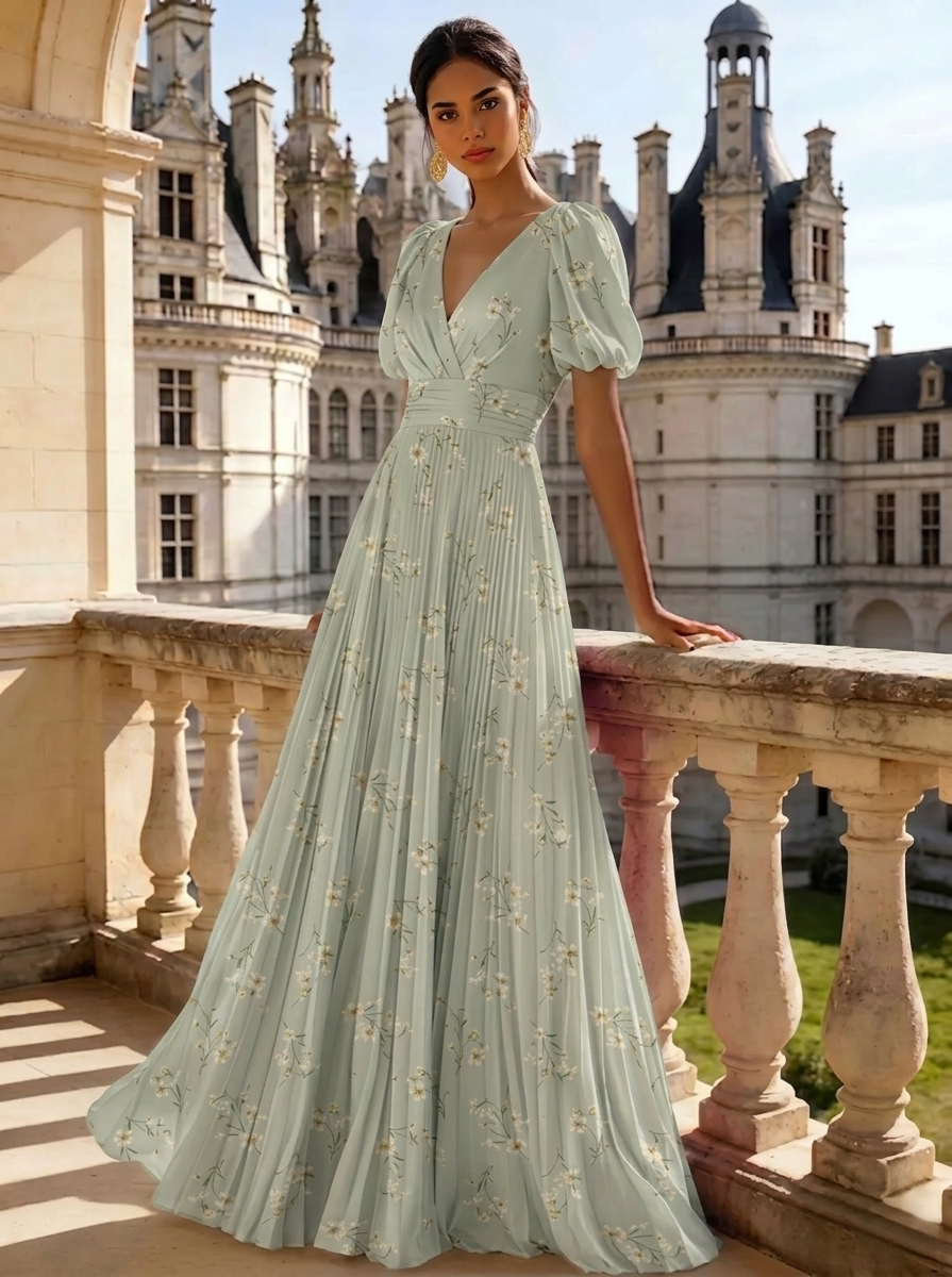 formal patterned dress Andrea & Leo Couture A1336 Prom Long Floral Print Puff Sleeve Ruffle Maxi Slit Fitted with flared hem Neckline Alie Street Luna Midi Dress