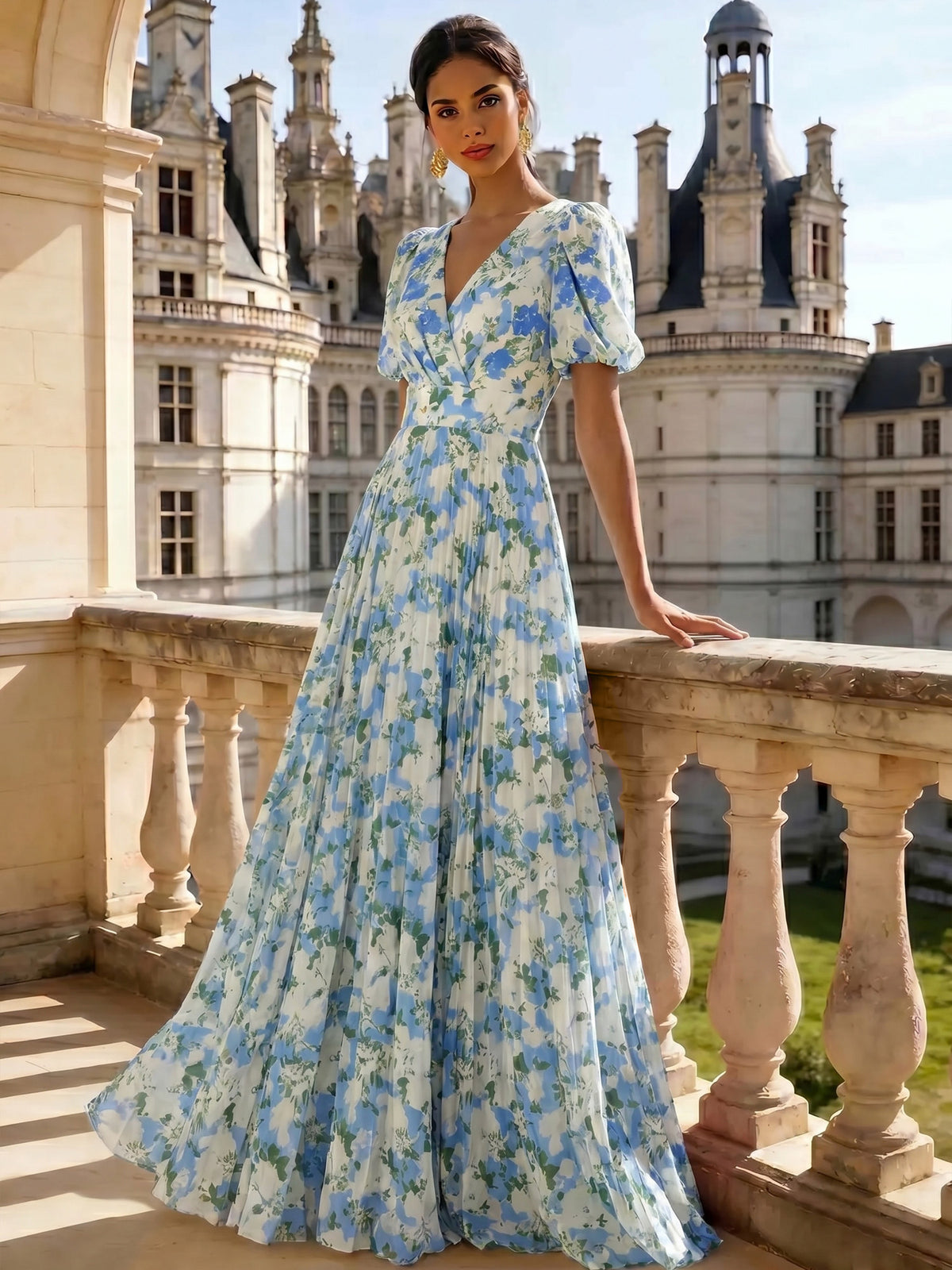 Nafori Blue A Line/Princesses Evening Dresses Ruched Floral Chiffon Lantern Sleeves Floor-Length Pleated Formal Dress Wedding Guest Dresses 2026