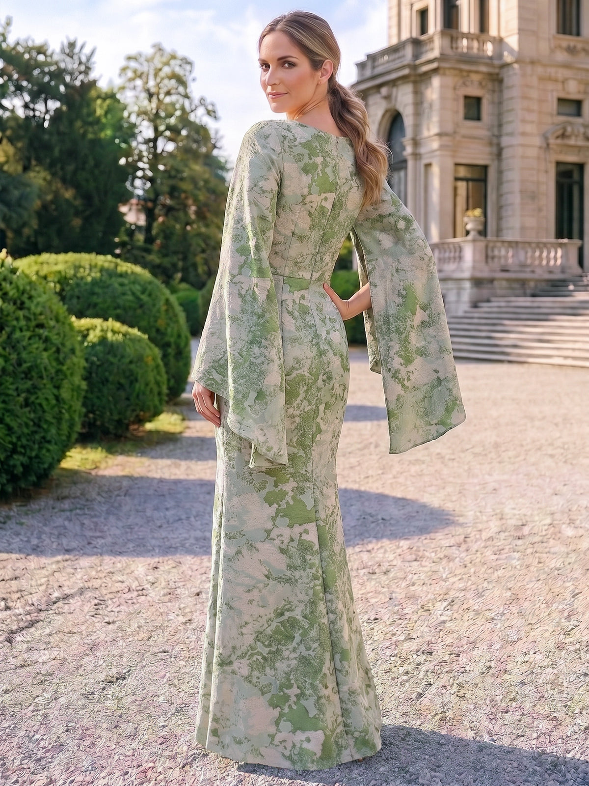 Sheath Mother Of The Bride Dress Elegant Formal Gown Wedding Guest Bateau Neck Floor Length Split Long Sleeves Jacquard Dresses