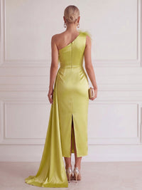 Sheath/Column Cocktail Dresses Satin One-Shoulder Tea-Length Sleeveless With Feather Side Drape Back Slit Formal Dress