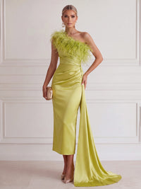 Sheath/Column Cocktail Dresses Satin One-Shoulder Tea-Length Sleeveless With Feather Side Drape Back Slit Formal Dress