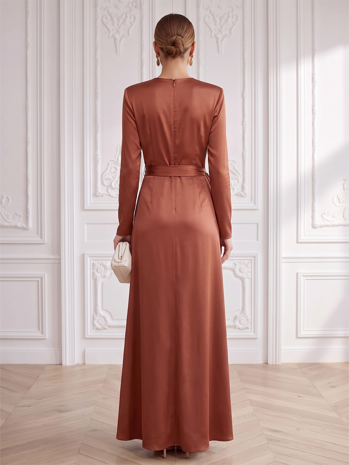 A-Line Formal Dresses Elegant Formal Dress Satin Round Neck Long Sleeves Floor Length Ruched With Bowknot Zipper Evening Dress Wedding Guest