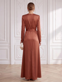A-Line Formal Dresses Elegant Formal Dress Satin Round Neck Long Sleeves Floor Length Ruched With Bowknot Zipper Evening Dress Wedding Guest