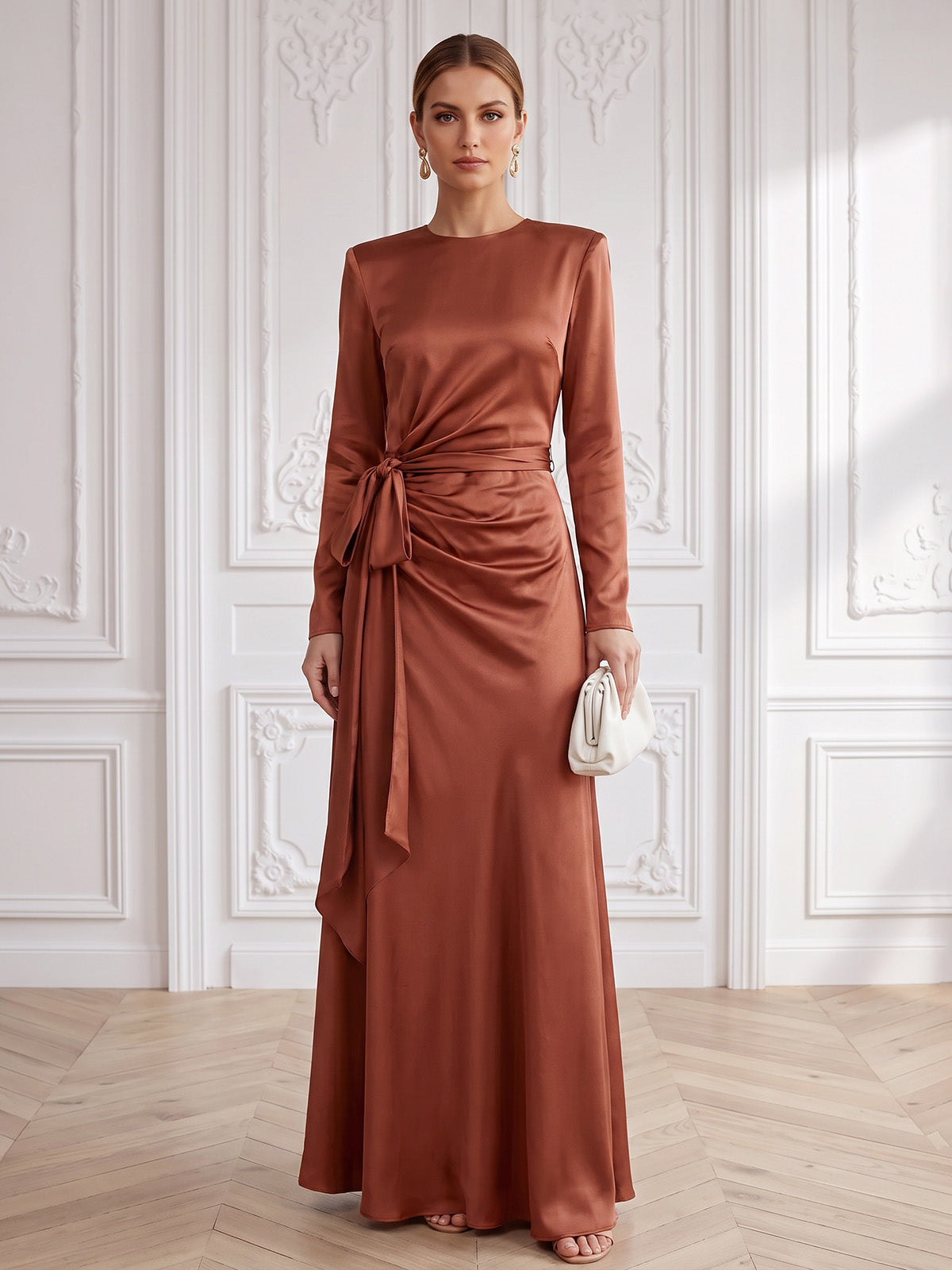 A-Line Formal Dresses Elegant Formal Dress Satin Round Neck Long Sleeves Floor Length Ruched With Bowknot Zipper Evening Dress Wedding Guest
