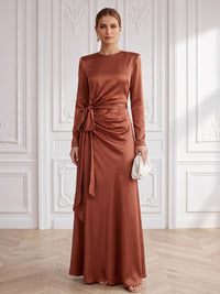 A-Line Formal Dresses Elegant Formal Dress Satin Round Neck Long Sleeves Floor Length Ruched With Bowknot Zipper Evening Dress Wedding Guest