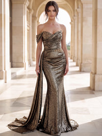 Mermaid Evening Dresses Gold Metallic Shimmering Gold Off The Shoulder Formal Wedding Floor Length Sparkly Party Dress