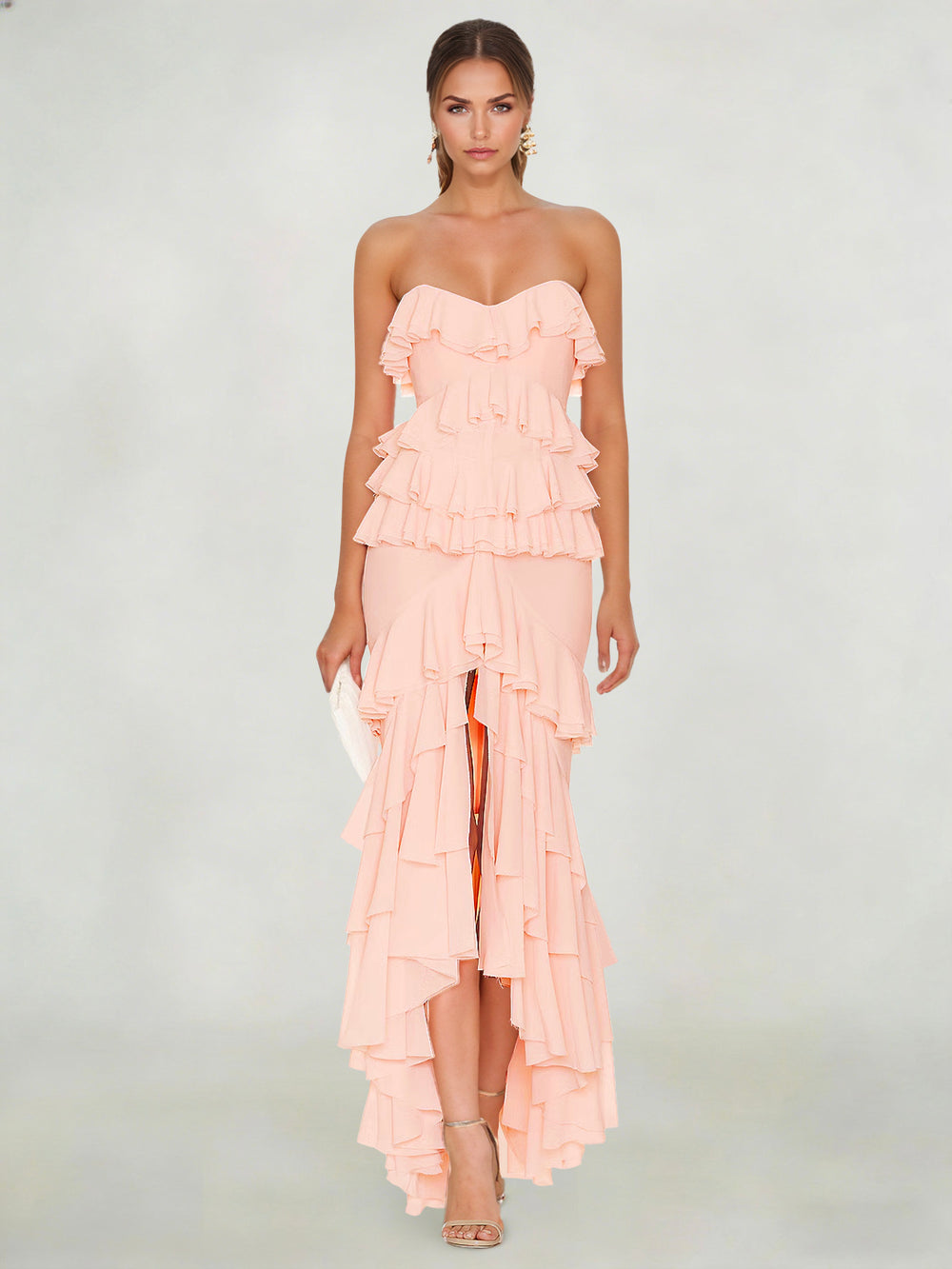 Sheath/Column Wedding Guest Dress Sweetheart Sleeveless Ankle Length Layered Ruffles Dress with  Front Split