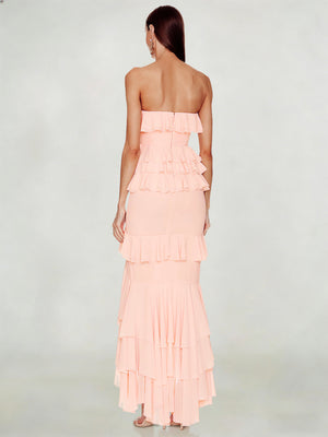 Sheath/Column Wedding Guest Dress Sweetheart Sleeveless Ankle Length Layered Ruffles Dress with  Front Split