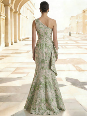 Sheath/Column Evening Gown Elegant Jacquard Floral Dress Prom Floor Length Sleeveless One Shoulder Ruffle with Slid Split Green Wedding Guest Dress