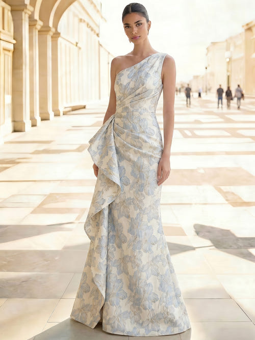Sheath/Column Evening Gown Elegant Jacquard Floral Dress Prom Floor Length Sleeveless One Shoulder Ruffle with Slid Split Green Wedding Guest Dress
