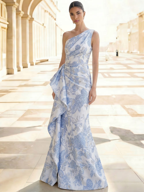 Sheath/Column Evening Gown Elegant Jacquard Floral Dress Prom Floor Length Sleeveless One Shoulder Ruffle with Slid Split Green Wedding Guest Dress