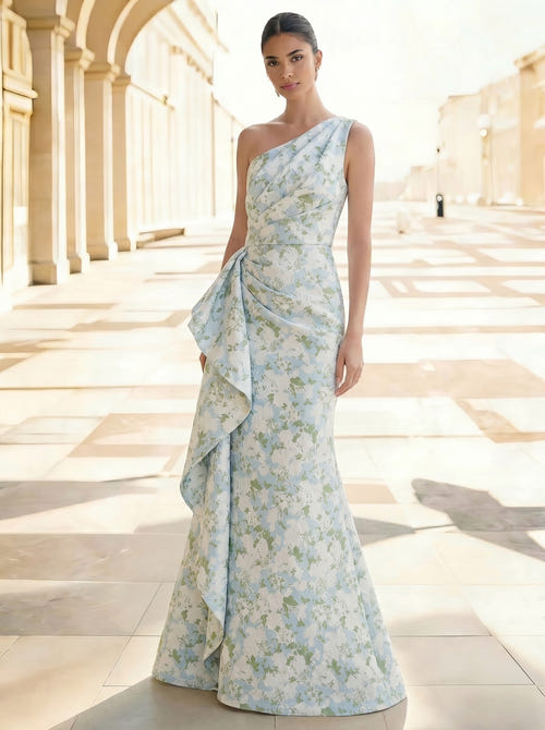 Sheath/Column Evening Gown Elegant Jacquard Floral Dress Prom Floor Length Sleeveless One Shoulder Ruffle with Slid Split Green Wedding Guest Dress