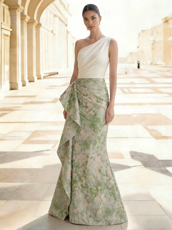 Sheath/Column Evening Gown Elegant Jacquard Floral Dress Prom Floor Length Sleeveless One Shoulder Ruffle with Slid Split Green Wedding Guest Dress