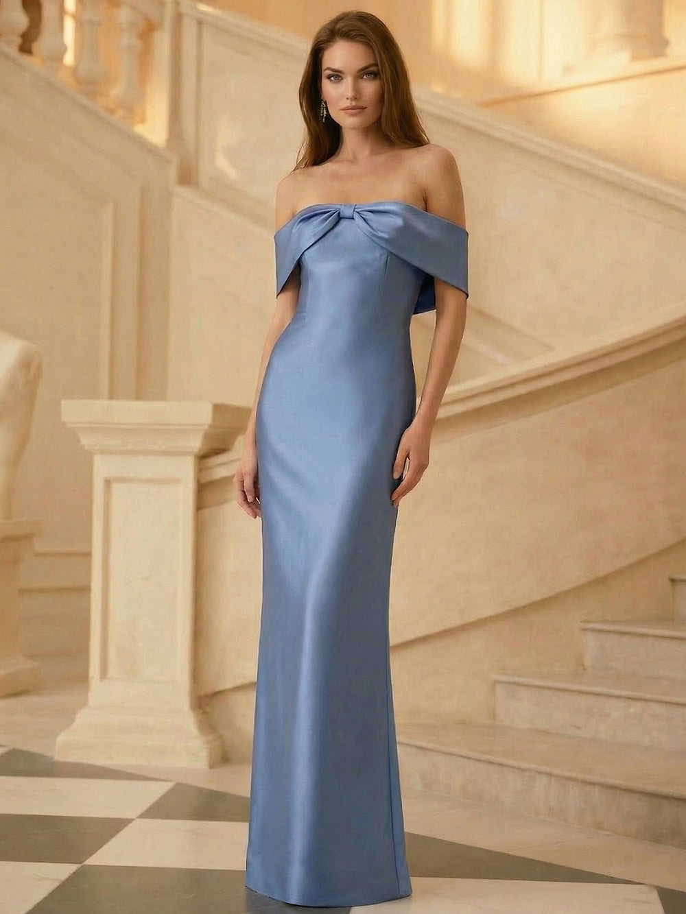 Sheath/Column Elegant Evening Dresses Satin Corset Off The Shoulder Floor-Length Formal Dress With Bowknot