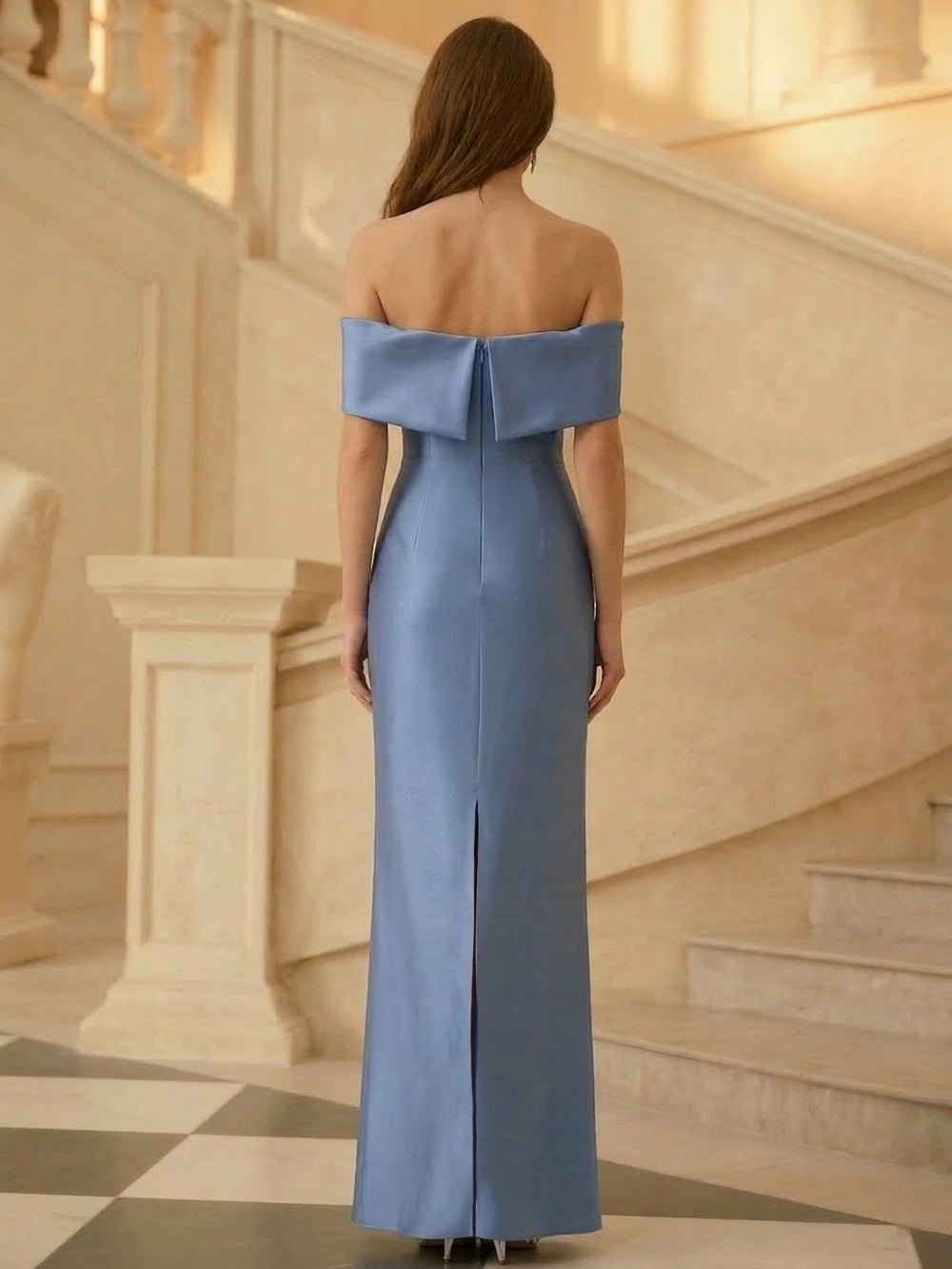 Sheath/Column Elegant Evening Dresses Satin Corset Off The Shoulder Floor-Length Formal Dress With Bowknot