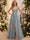 A-Line/Princess Evening Dresses Floral V Neck Sleeveless Tulle Formal Floor Length Dresses with Floral Emboridary Pocket