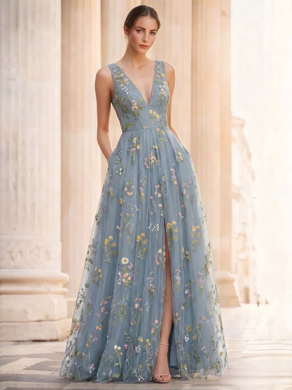 A-Line/Princess Evening Dresses Floral V Neck Sleeveless Tulle Formal Floor Length Dresses with Floral Emboridary Pocket